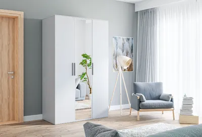 Produktbild von Kleiderschrank BONNIE 120 Weiß mit Spiegiel Drehtürenschrank mit Einlagenboden Garderobe mit Stange