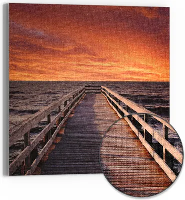 Produktbild von DEQORI Hybrid Leinwand Bild 50x50 cm 'Steg ins Abendrot' Wandbild Glas flach modern