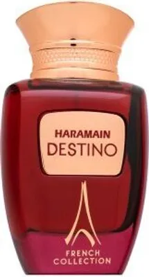 A perfume bottle with a red liquid and a gold cap, set against a white background.