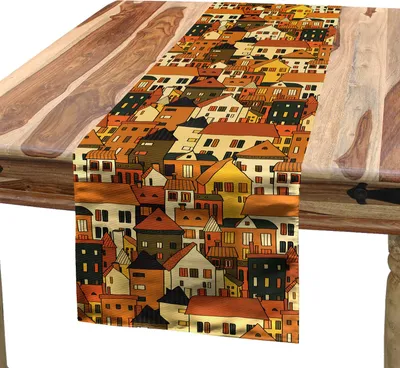 Produktbild von ABAKUHAUS Stadt Tischläufer, Panoramische Abbildung Cartoon Style verschiedene Gebäude Vintage Stadtbild drucken, 40 x 180 cm, Grün Orange Beige