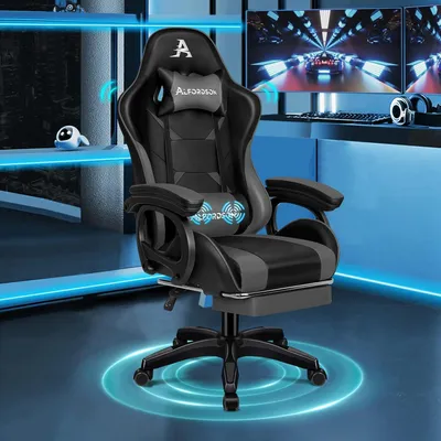 Produktbild von Grauer Gaming-Stuhl mit Massagefunktion, Fußstütze und Lendenkissen, ergonomischer Bürostuhl