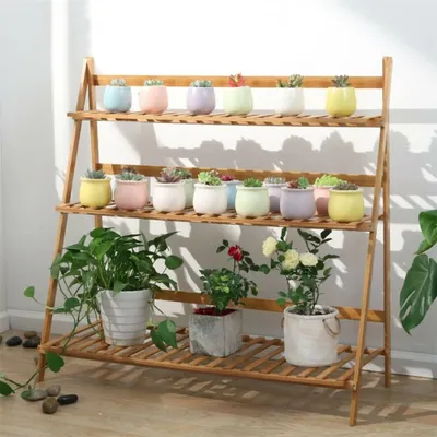Image de WISFOR Escalier pour fleurs avec 3 marches, échelle pour fleurs en bambou, étagère pour fleurs pliable 100 x 38 x 97 cm