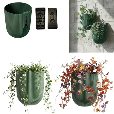 Produktbild von Set mit 2 Wandbepflanzung, Wandblumentopf, Hängeblumentopf, H 18 cm, Ø 15 cm, zarte vertikale Rillen, grün, Kletterpflanzen, Pflanzenwand, Blumendekoration