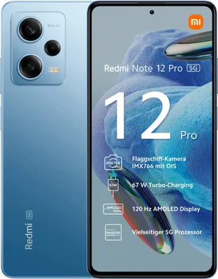 A product image of a blue Xiaomi Redmi Note 12 Pro 5G smartphone, displayed next to its screen which shows marketing information and features.