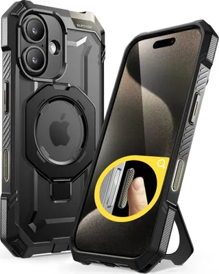 A black iPhone case with a built-in stand and MagSafe compatibility is shown from the back and front.