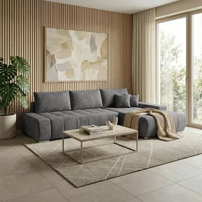 Produktbild von Beautysofa DRACO L Ecksofa mit Schlaffunktion & Bettkasten 267 cm - Schlafsofa, Bettsofa, Couch L-Form, Seitenausführung Rechts – Dunkelgrau Velo 634