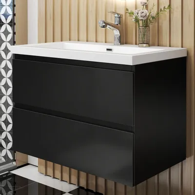 Produktbild von Badmöbel Set HUTI-Serie 80cm Rechteckiges Waschbecken mit Unterschrank Badezimmermöbel mit 2 Schubladen Hochglanz Schwarz Hängeschrank