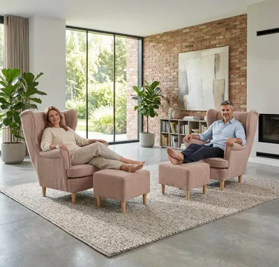 Produktbild von 2er-Set Ohrensessel ARI Angel – inkl. Hocker, Bouclé-Stoff in Rosa, Family Meble, KI-generiertes Bild