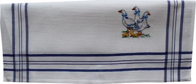 Produktbild von Triolino Waffelpique-Geschirrtuch Küchentuch 100% Baumwolle schöne Stickerei, Grösse:50 cm x 70 cm, Farbe:blaue Streifen - Gänse