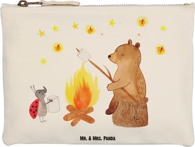 Produktbild von Mr. & Mrs. Panda Federtasche Bär & Marienkäfer Lagerfeuer Grösse XL Große - Weiß - Geschenk, Stoffbeutel, Stifteetui, Pouch, Federmappe, Schlampermäppchen, Teddy, Etui