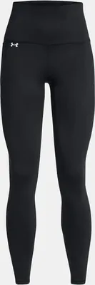 A pair of black Under Armour leggings shown from the front against a light gray background.