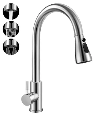 Produktbild von Küchenarmatur, Hochdruck Wasserhahn mit herausziehbarer Brause, Mischbatterie ausziehbar, Spültischarmatur mit 3 Sprühfunktionen, 360° schwenkbar, Edelstahl