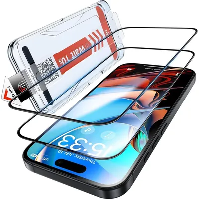 Zdjęcie produktu dla Szkło hartowane do ochrony ekranu iPhone 15/16, 2 sztuki, przezroczyste, twardość 9H, odporne na uderzenia, odporne na zarysowania, antypoślizgowe (zapobiegające powstawaniu odcisków palców)