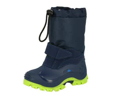 A single blue and green winter boot for children is shown against a white background.