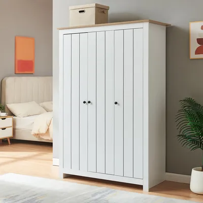 Produktbild von Kleiderschrank 'Vasand' mit 3 Türen 2 Kleiderstangen und 3 Fächern 175 x 120 x 52 cm Weiß/Eicheoptik