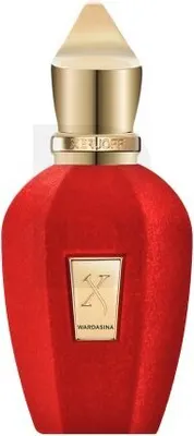 A red perfume bottle with a gold cap and label.