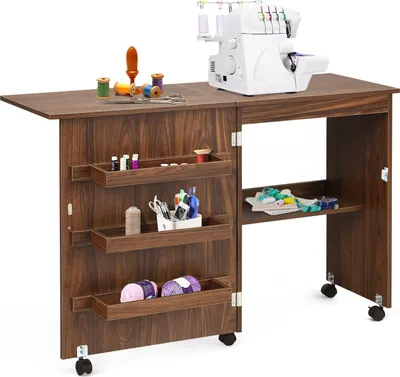 A sewing machine table with storage compartments and a sewing machine on top.