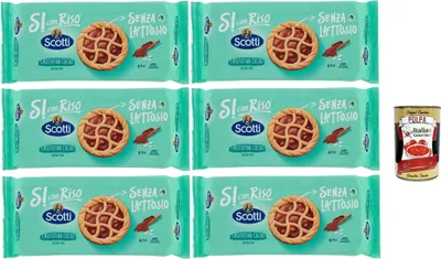 Produktbild von Riso Scotti Si con Riso, Crostatina Cacao, Kuchen Kekse mit laktosefreier Schokoladencreme, ideal zum Frühstück, ohne Palmöl, ohne Milchproteine, 6x 144 gr + Italian Gourmet polpa 400g