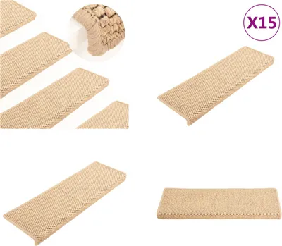 Imagen del producto de vidaXL Alfombras para escaleras autoadhesivas de sisal, 15 unidades, 65x21x4 cm, color beige claro - Alfombra para escaleras - Juego de alfombras para escaleras - Alfombra para escalones
