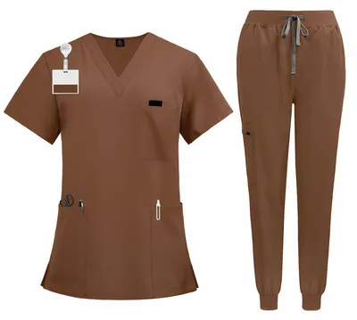 Immagine prodotto di Set da lavoro con scollo a V - Top a maniche corte - Pantaloni con polsini elasticizzati - Tessuto traspirante - Unisex - Divisa per il settore sanitario - Divisa medica