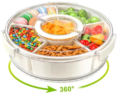 Snackbox mit Fächern, 25 cm, drehbar, mit Deckel, 6 Fächer, transparent