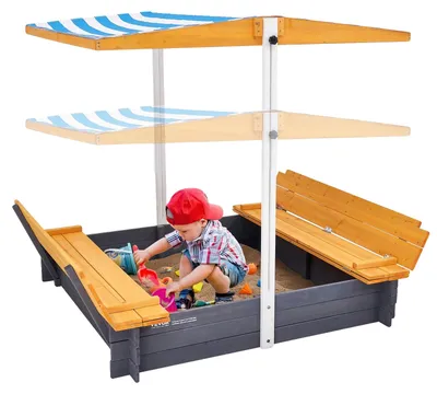 Immagine prodotto di VEVOR sabbiera in legno con tettoia, sabbiera, sabbiera con panche pieghevoli e inserto a pavimento, sabbiera in legno naturale per bambini per il giardino, regalo per bambini dai 3 ai 12 anni
