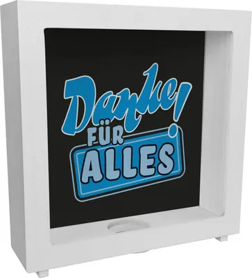Produktbild von Rahmen Spardose aus Holz in Blau zum Thema Dankbarkeit - Danke für Alles!