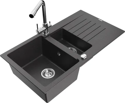 Produktbild von Mexen Matias 1,5-Becken-Granitspüle mit Abtropffläche und Mischbatterie Duero, Schwarz gesprenkelt - 6502-76-671600-00