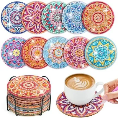 Produktbild von WuGU 10 Stück Diamond Painting Untersetzer Mit Halter, Diamant Tassenuntersetzer, Diamond Painting Erwachsene zum Basteln,DIY Mandala Untersetzer rutschfest für Anfänger, Erwachsene & Kinder