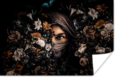 Produktbild von MuchoWow® Poster Frau - Luxus - Blumen - Schmetterling - Porträt 60x40 cm - Schlafzimmerdekoration