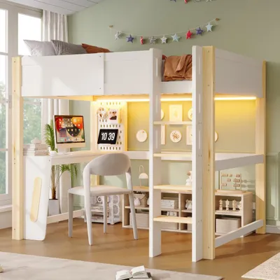 Produktbild von Hochbett mit Schreibtisch, Lochwand & LED-Licht, Kiefer+MDF in Natur+Weiß, 140x200cm