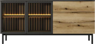 Produktbild von Modernes Industrial Sideboard – Skandinavische Kommode 180x85x39 – Schwarz & Eiche Evoke mit Gehärtetem Glas – LED Beleuchtung – Push to Open – Glastüren & Schubladen – Lamellen, Metallfüße – HOLMRIC