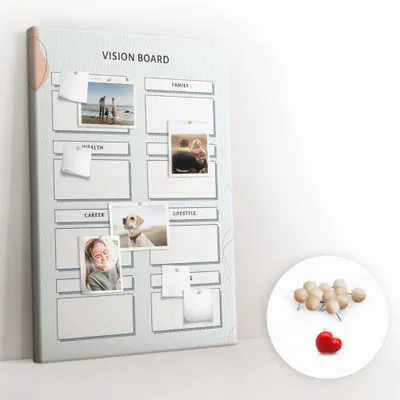 Imagen del producto de Tablero de corcho con chinchetas - Panel con chinchetas para fotografías y notas - 80x120 cm - 100 chinchetas de madera - Tablero de anuncios