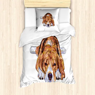 Zdjęcie produktu dla ABAKUHAUS Zestaw pościeli Beagle, stary pies, śpiący zmęczony szczeniak, krótkowłosy rasowy szkic artystyczny, 135 x 200 cm + 80 x 80 cm, jasnoniebieski, biały, brązowy