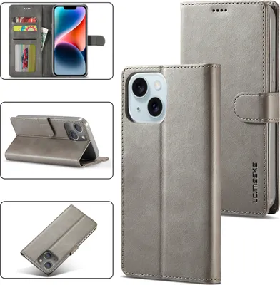 Image de Étui pour iPhone 14 étui en cuir avec fermeture magnétique et support, étui de protection Gris