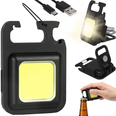 Produktbild von Mini-Taschenlampe mit LED-Beleuchtung, Schlüsselanhänger, USB-Magnetöffner und Halterung