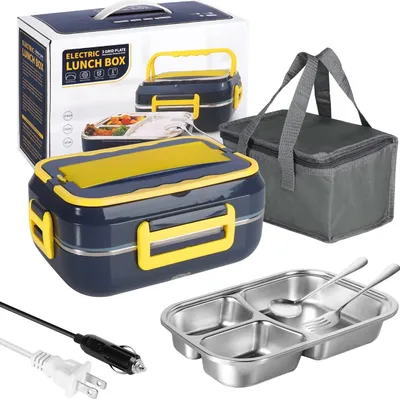 Image de Boîte à lunch électrique 2 EN 1 pour voiture et usage domestique, Boîte à lunch portable Chauffage alimentaire 220V & 12V / 24V 40W Récipient alimentaire en acier inoxydable,Bleu