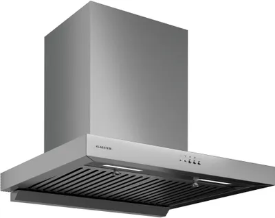 A stainless steel range hood is shown against a white background.