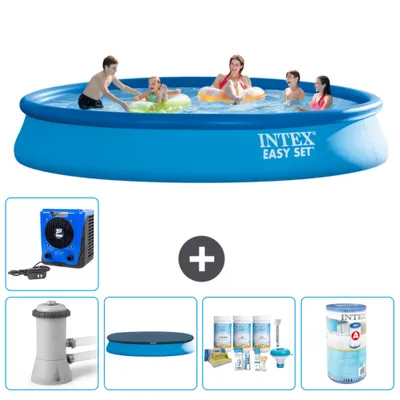 Produktbild von Intex runder aufblasbarer Easy Set-Schwimmpool – 457 x 84 cm – Blau – inklusive Pumpe Abdeckung - Wartungspaket - Filter - Wärmepumpe