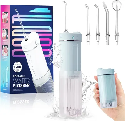 Produktbild von Tragbarer Mini-Zahnseide-Wasserspender zur Zahnreinigung, Munddusche für unterwegs mit ausziehbarem Wassertank, 4 Modi, wasserdichtes IPX7-Design