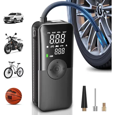 Produktbild von Kabelloser Reifenkompressor mit digitalem Dual-Bildschirm, 150PSI Luftpumpe für Autos, Motorräder, Fahrräder, mit Entleerungs- und Druckmessfunktion.