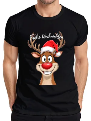 Produktbild von Frohe Weihnachten Rentier Rudolph Cartoon Lustig Weihnachtsmütze Herren T-Shirt, Schwarz, S