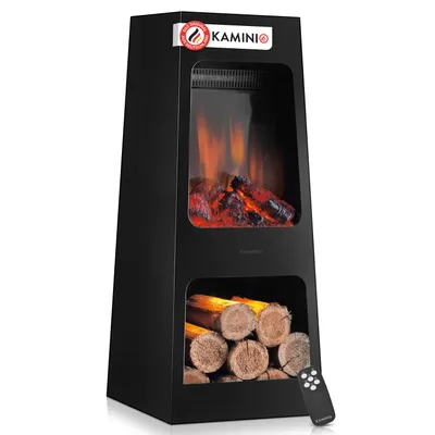 Produktbild von KAMINIO Elektrischer Gartenkamin KAI L -  Elektro Terrassenofen mit Heizung, 3D-Flammeneffekt, Holzfach, LED-Ambientelicht, Fernbedienung - Schwarz