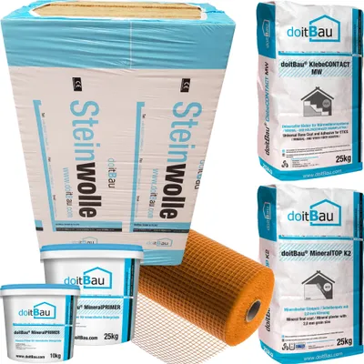 A collage of construction materials including insulation, adhesive, primer, and mesh.
