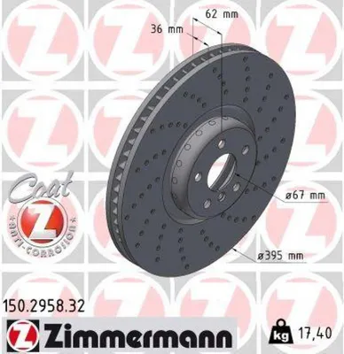 Produktbild von ZIMMERMANN Bremsscheibe Vorne Rechts für BMW 5 Touring (G31) 395mm 150.2958.32