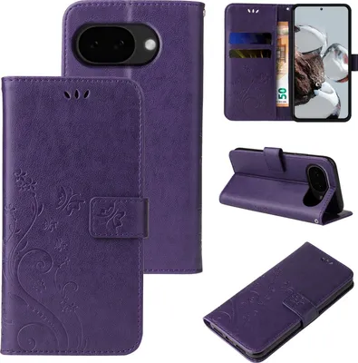 Produktbild von Handyhülle für Google Pixel 10a Floral Blumen Schmetterling Flip Cover Hülle Case Klapphülle Handytasche Farbe: Violett