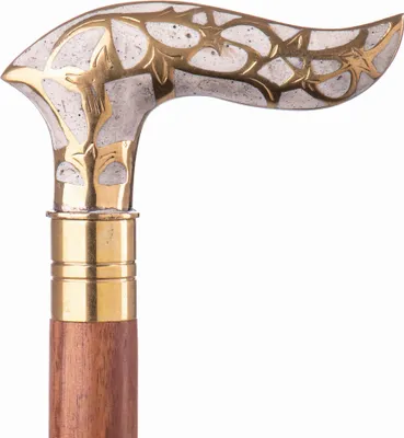 A close-up shot of the handle and upper part of a wooden walking cane with a decorative brass knob.