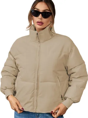 Produktbild von ASKSA Damen Crop Daunenjacke Warm Gesteppte Winterjacke Leichte Casual Winter Mantel Jacke Outdoorjacke, Khaki, L