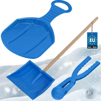 Produktbild von KOTARBAU® Schneespielset Schlitten mit Griff Poporutscher Rutschbahn Schneeschaufel für Kinder mit Holzstiel Schneeballautomat Blau