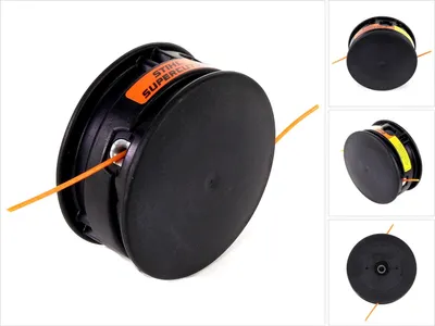 A Stihl SuperCut 20-2 trimmer head with orange cutting line, shown on a white background. Multiple views are provided.